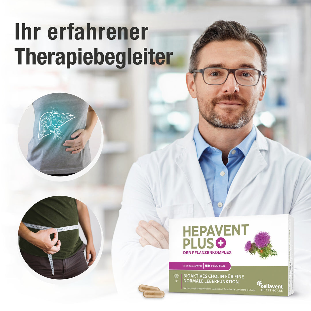 Therapiebegleiter mit dem Apotheker im Hintergrund und zwei Icons wie Leber am Körper abgebildet und ein Mann misst mit Maßband sienen Bauchumfang. In der rechten Ecke die Verpackung Hepavent PLUS mit zwei hellbraunen Kapseln.