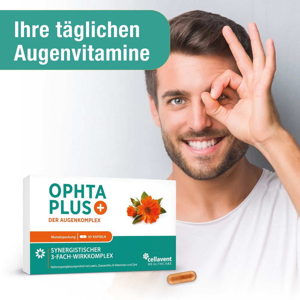 Ihre täglichen Augen-Vitamine - Junger Mann, der durch einen Kreis aus seinem Daumen und Zeigefinger schaut. Links im Bild eine Ophta PLUS-Verpackung mit Kapsel.