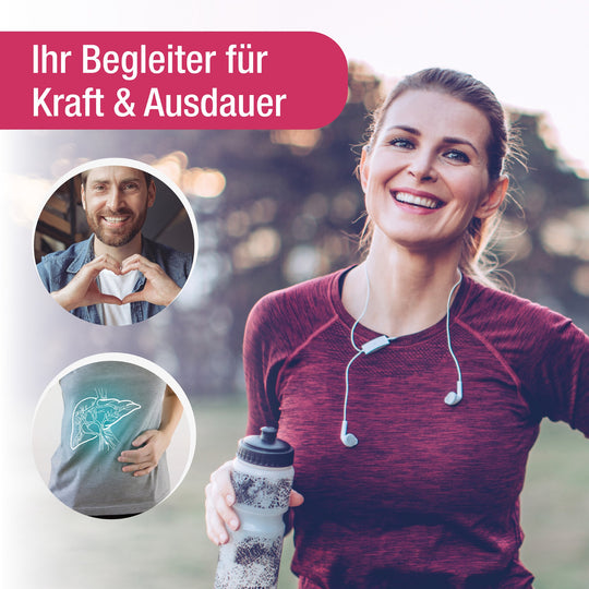 Ihr Begleiter für Kraft und Ausdauer - Sportliche, lächelnde Frau  - links zwei kleine Bilder mit Mann der ein Herz zeigt und einer Person, die sich den Bauch hält.