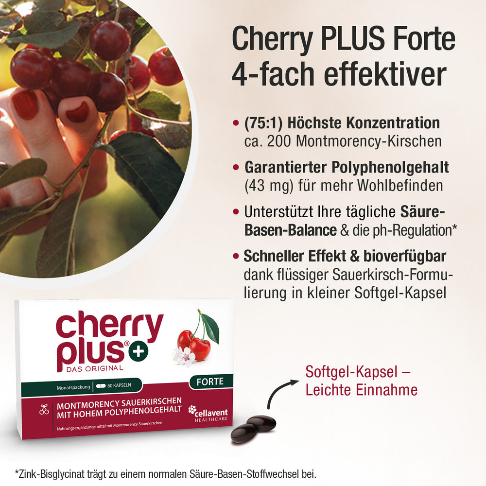 Cherry PLUS Forte 4-fach effektiver -  Aufzählung der wichtigsten Produktvorteile.