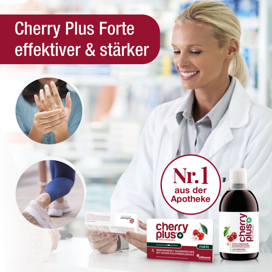 Cherry PLUS Forte effektiver und stärker -  im Hintergrund eine junge Apothekerin, im Vordergrund Cherry PLUS Forte und Cherry PLUS Konzentrat - Die Nr. 1 aus der Apotheke.