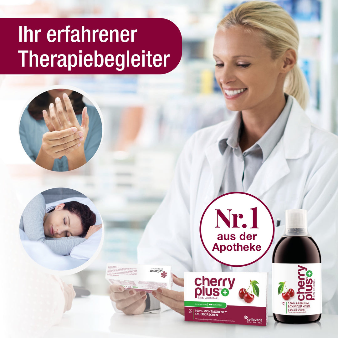 Ihr erfahrener Therapiebegleiter. Rechts eine Apotheker, die eine Cherry-PLUS-Packung in der Hand hält, davor "die Nr. 1 aus der Apotheke" und Cherry PLUS.