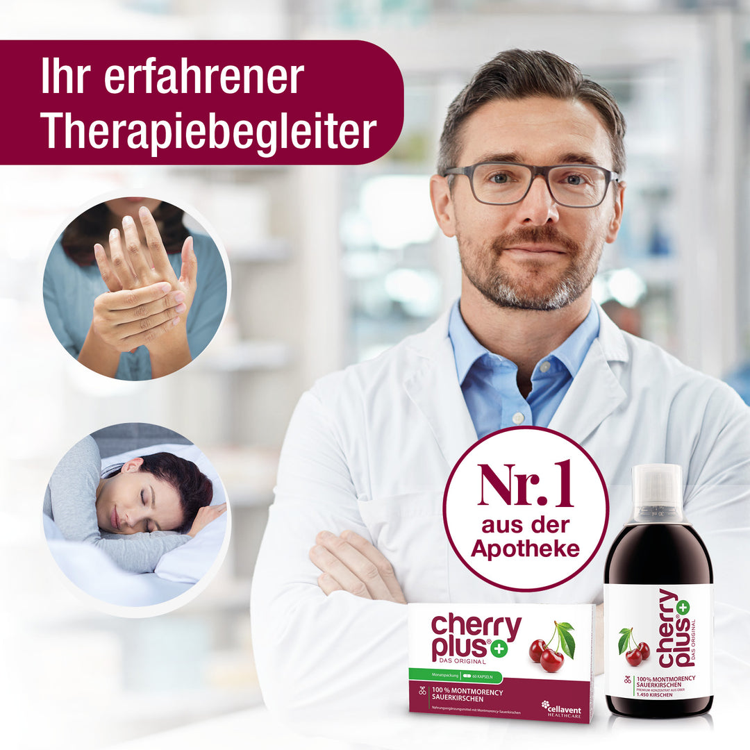 Ihr erfahrener Therapiebegleiter, Apotheker mit verschränkten Armen im Hintergrund, davor Cherry PLUS KOnzentrat und Cherry PLUS Kapseln, die NR. 1 aus der Apotheke. Links zwei kleine Bilder mit einer Hand, die diene andere umschließt und eine schlafende Frau.