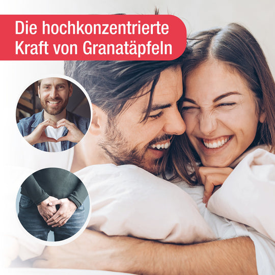 Die hochkonzentrierte Kraft von Granatäpfeln mit einem lächelnden Paar im Hintergrund. Ein Mann zeigt mit Fingern ein Herz und ein weiterer Mann hält sich die Hände vor der Prostata.