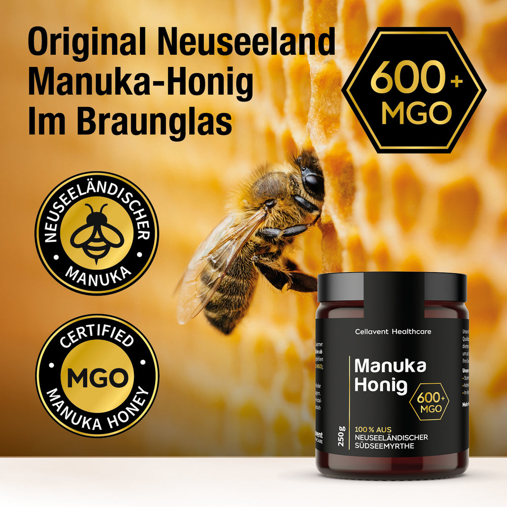 Original Neuseeland Manuka-Honig im Braunglas - 600+ MGO - certified Manuka Honey - Im Hintergrund eine Biene auf Bienenwarben und ein Honigglas von Manuka Honig 600+.