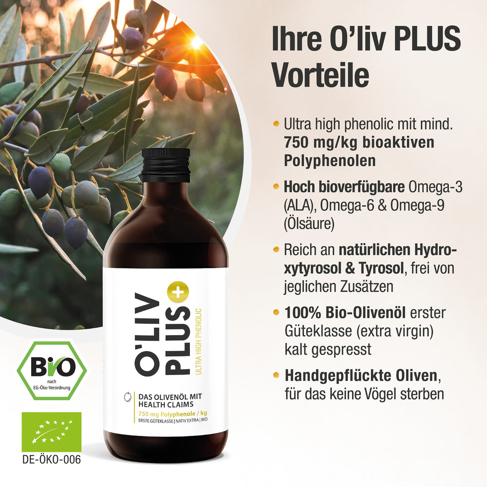 O'Liv PLUS Vorteile mit Oliven am Baum im Hintergrund und Flasche mit BIO Siegeln im Vordergrund