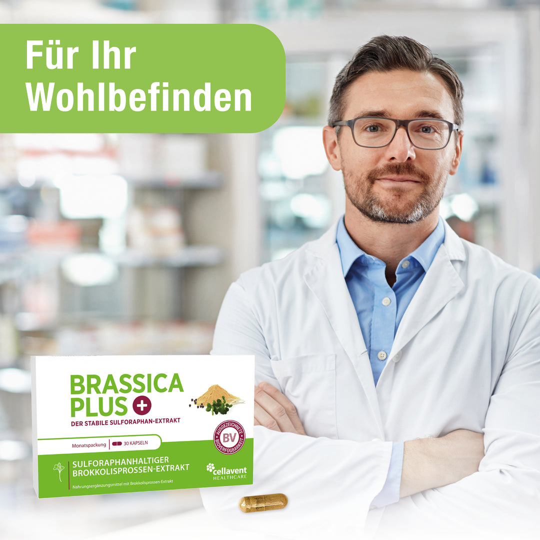 Für Ihr Wohlbefinden mit einem  Apothekern daneben und Brassica Verpackung und Kapsel