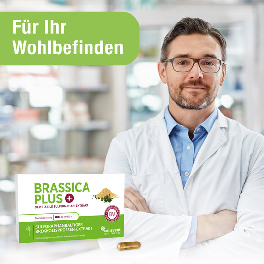 Für Ihr Wohlbefinden mit einem  Apothekern daneben und Brassica Verpackung und Kapsel