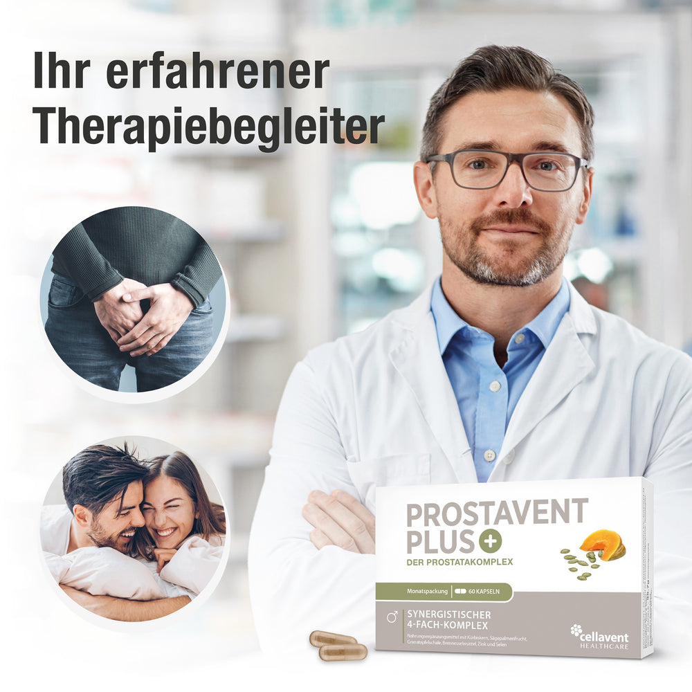 Ihr erfahrener Therapiebegleiter - Apotheker mit verschränkten Armen, davor eine Prostavent PLUS Verpackung. Links zwei kleine Bilder - Glückliches Pärchen und ein Mann der sich die Hände vor den Unterkörper hält.