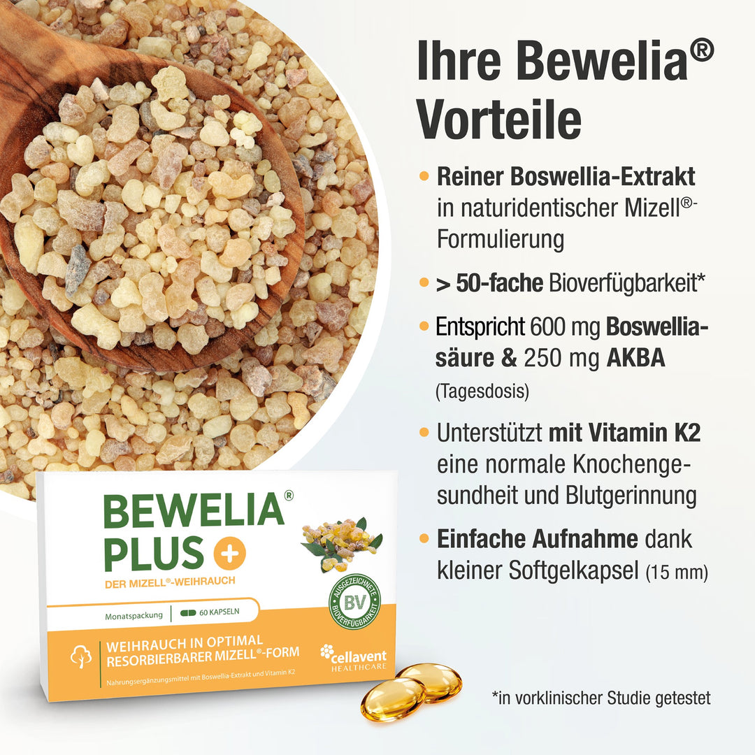 Vorteile von Bewelia PLUS und eine Menge von Weihrauch Harz und Verpackung im Vordergrund