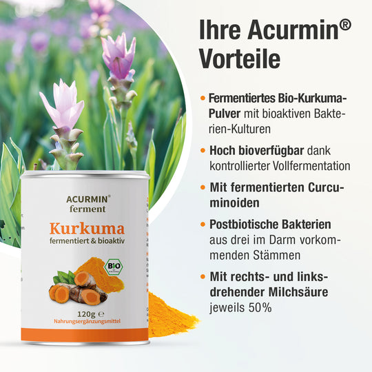 Im Hintergrund die Kurkumapflanzen zu sehen und Verpackung von Acurmin Ferment Kurkuma Pulver, die die Vorteile des Produkts hervorhebt.