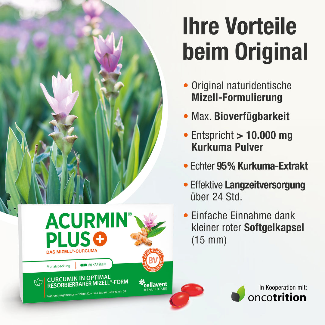 Acurmin PLUS Vorteile mit der Verpackung und Kurkumapflanzen im Hintergrund