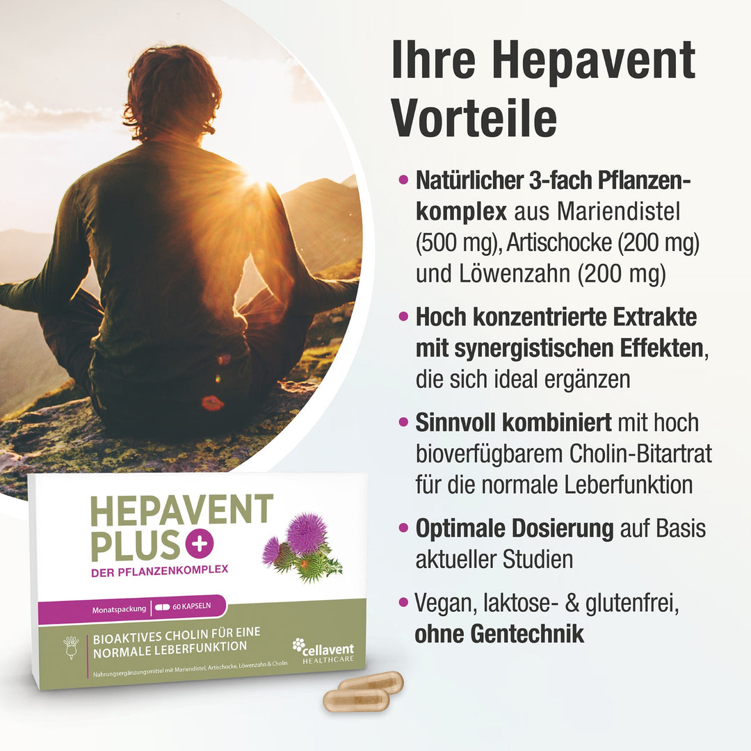 Hepavent PLUS Vorteile mit einem Mann über den Bergen am meditierend und sitzend im Hintergrund. Verpackung von Hepavent PLUS mit Kapseln im Vordergrund