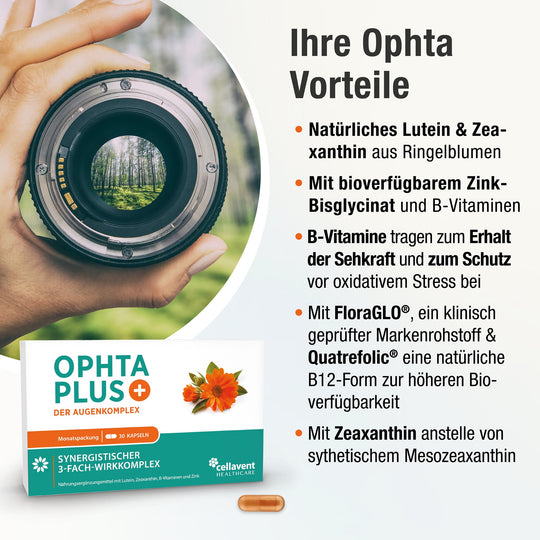 Ihre Ophta Vorteile - Aufzählung von 5 Vorteilen des Augen-Komplexes, links unten eine Ophta PLUS Verpackung mit Kapsel.