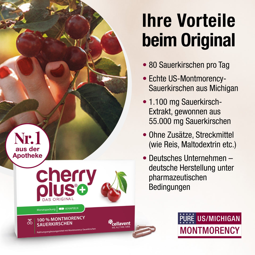 Ihre Vorteile beim Original - Aufzählung von 5 Vorteilen von Cherry PLUS, links unten eine Cherry PLUS Verpackung mit Kapseln und Siegeln.