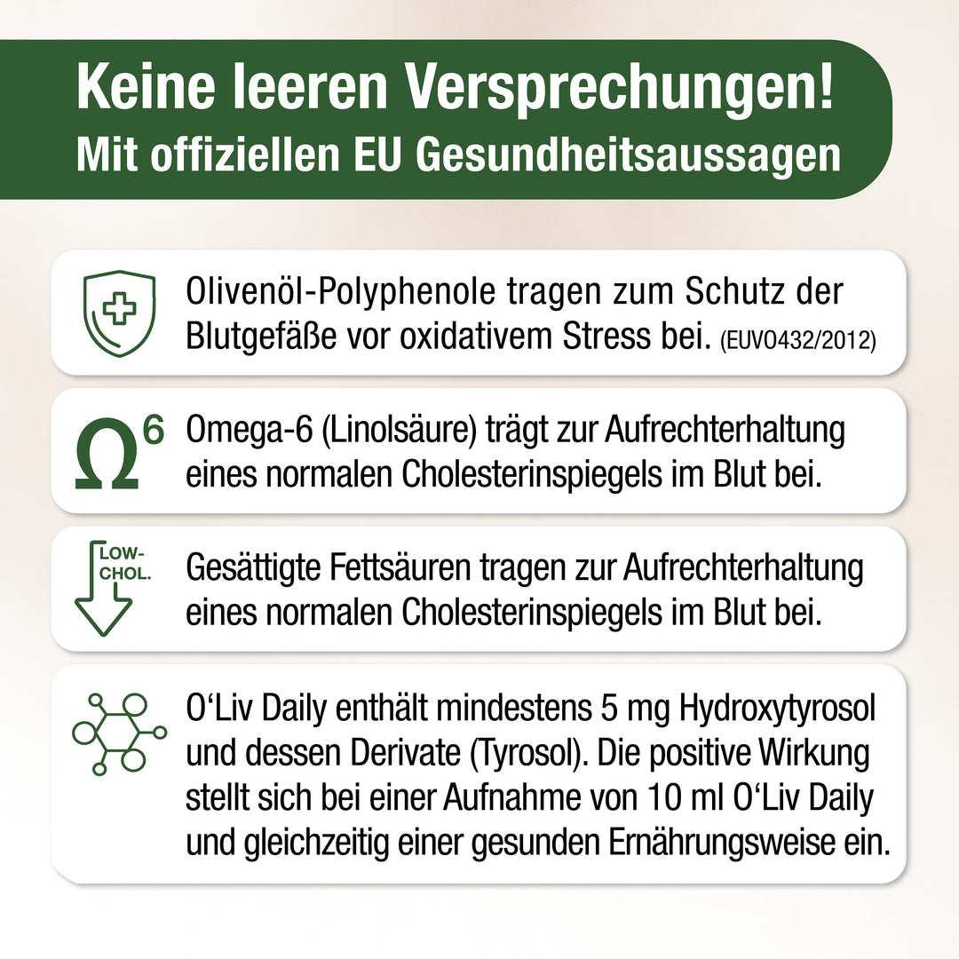 Auflistung von vier Gesundheitsaussagen mit orangenem Icon links neben jedem Bulletpoint. Jeder Bulletpoint ist mit einem grünen Balken im Hintergrund versehen.