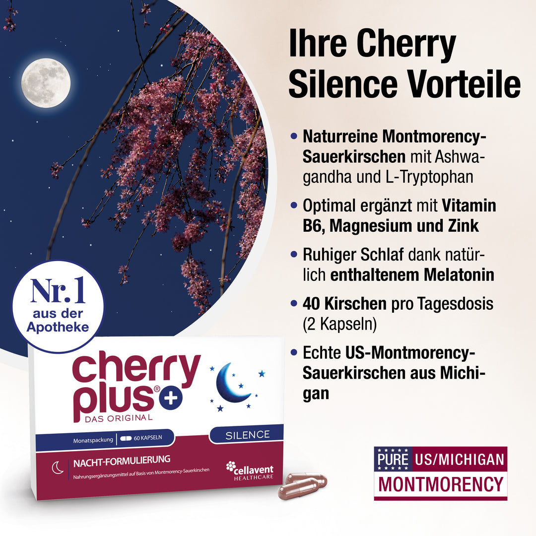 Ihre Vorteile beim Original - Aufzählung von 5 Vorteilen von Cherry PLUS Silence, links unten eine Cherry PLUS Silence Verpackung mit Kapseln und Siegeln.