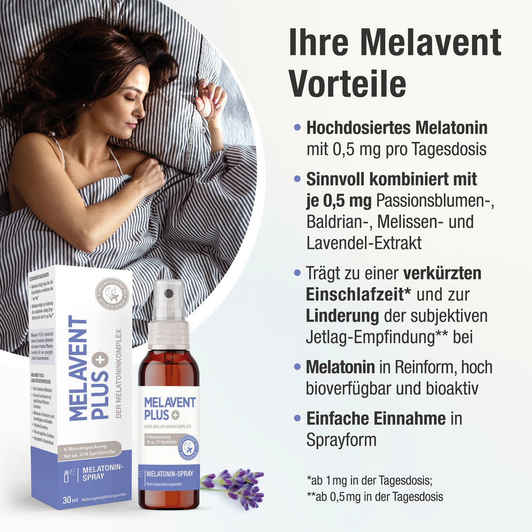 Melavent PLUS Vorteile mit einer schlafenden Frau im Hintergrund und Verpackung und Spray Melavent PLUS im Vordergrund