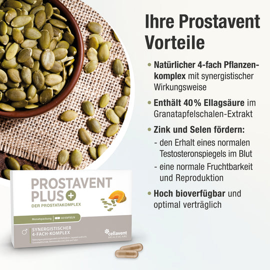 Ihre Prostavent Vorteile - Aufzählung von 4 Vorteilen des Prostata-Komplexes, links unten eine Prostavent PLUS Verpackung mit Kapsel.