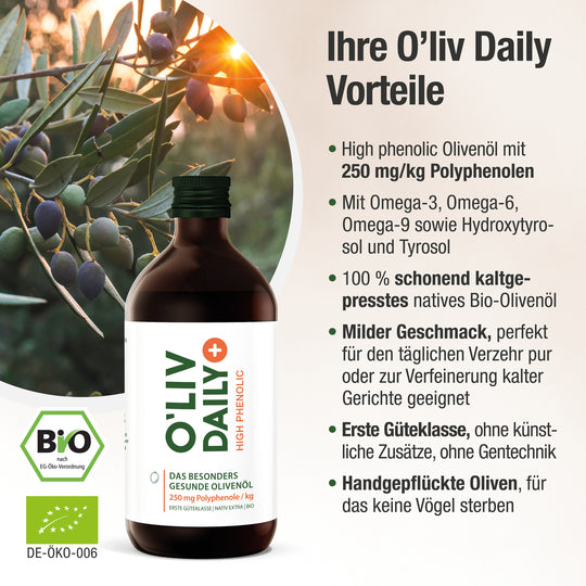 O'Liv Daily Vorteile und Oliven am Baum Im Hintergrund mit der Flasche und Bio Siegel im Vordergrund