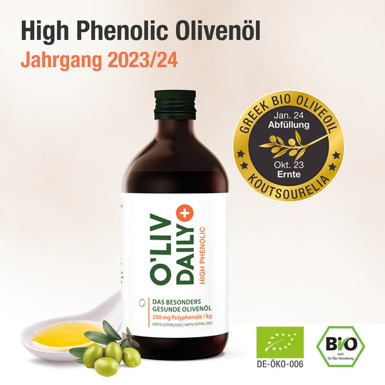 High Phenolic Bio Olivenöl Jahrgang 2023/24 Siegel mit Flasche und Olivenöl auf einem Löffel und Oliven daneben mit Bio Siegeln