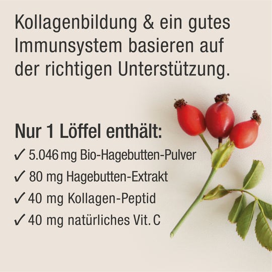 Inhaltsstoffe von Rosehip PLUS und Hagebutten Zweig daneben