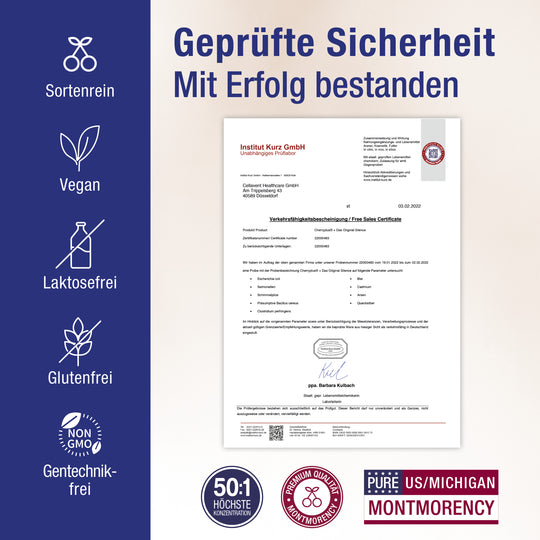 Geprüfte Sicherheit - Zertifikat für Cherry PLUS Silence, darunter und links daneben Siegel, die die Qualität bestätigen.