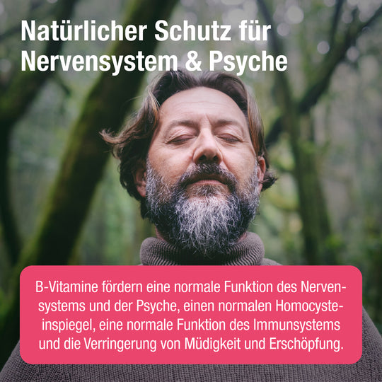 Cogni PLUS natürlicher Schutz für Nervensystem und Psyche. Mann mit geschlossenen Augen im Wald und wichtige Aspekte zu B-Vitaminen