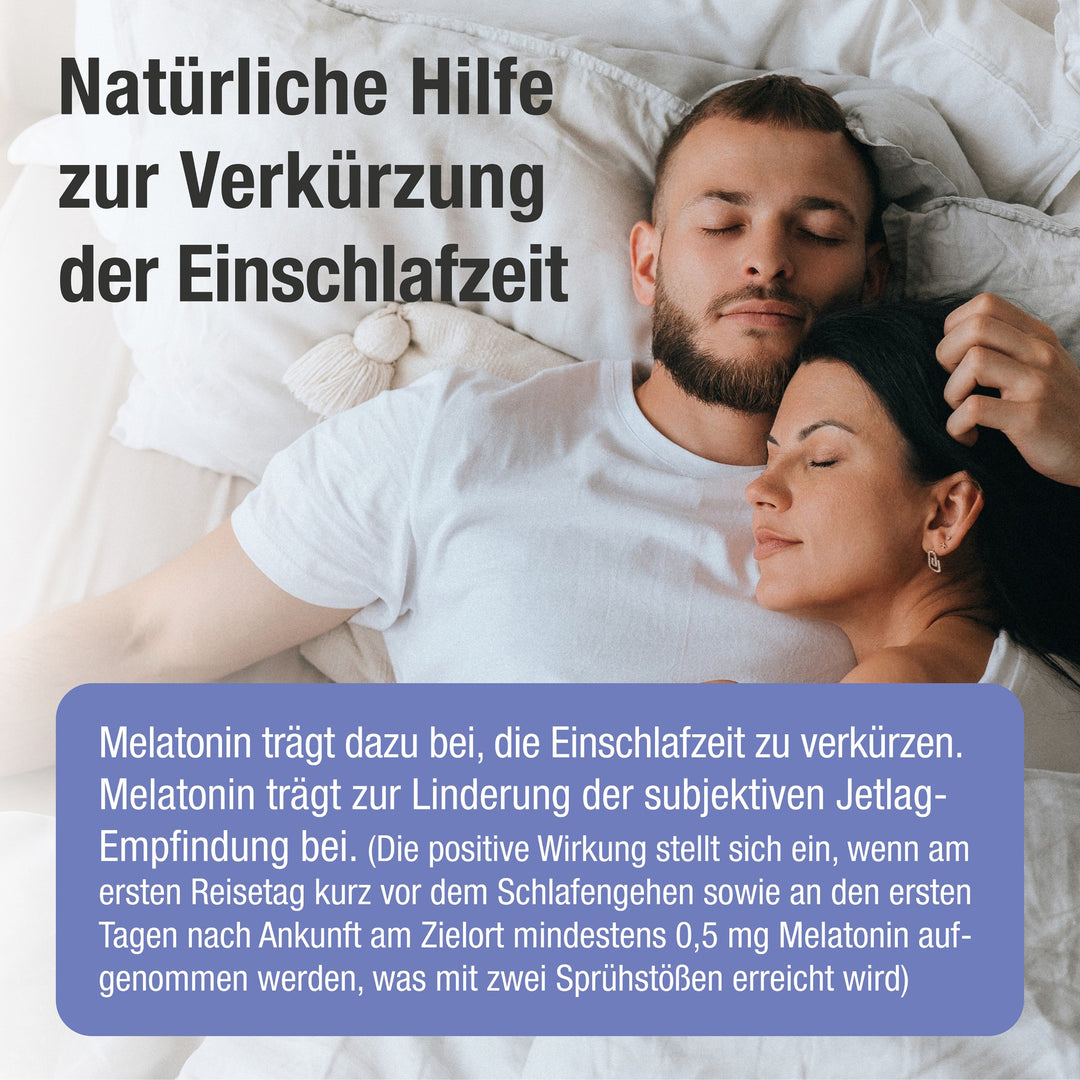 Natürliche Hilfe zur Verkürzung der Einschlafzeit. Im Hintergrund schläft ein Paar. Im Vordergrund eine kurze Beschreibung zu Melatonin