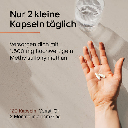 Einnahme 2 Kapseln - Hand mit Kapseln und Wasserglas