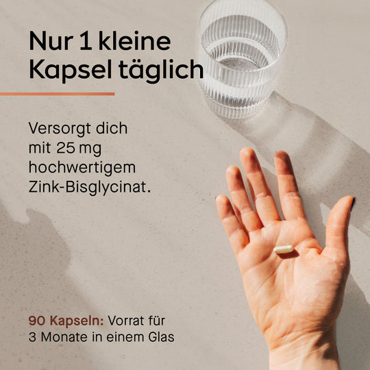 Einnahme 1 Kapsel - Hand mit Kapsel und Wasserglas