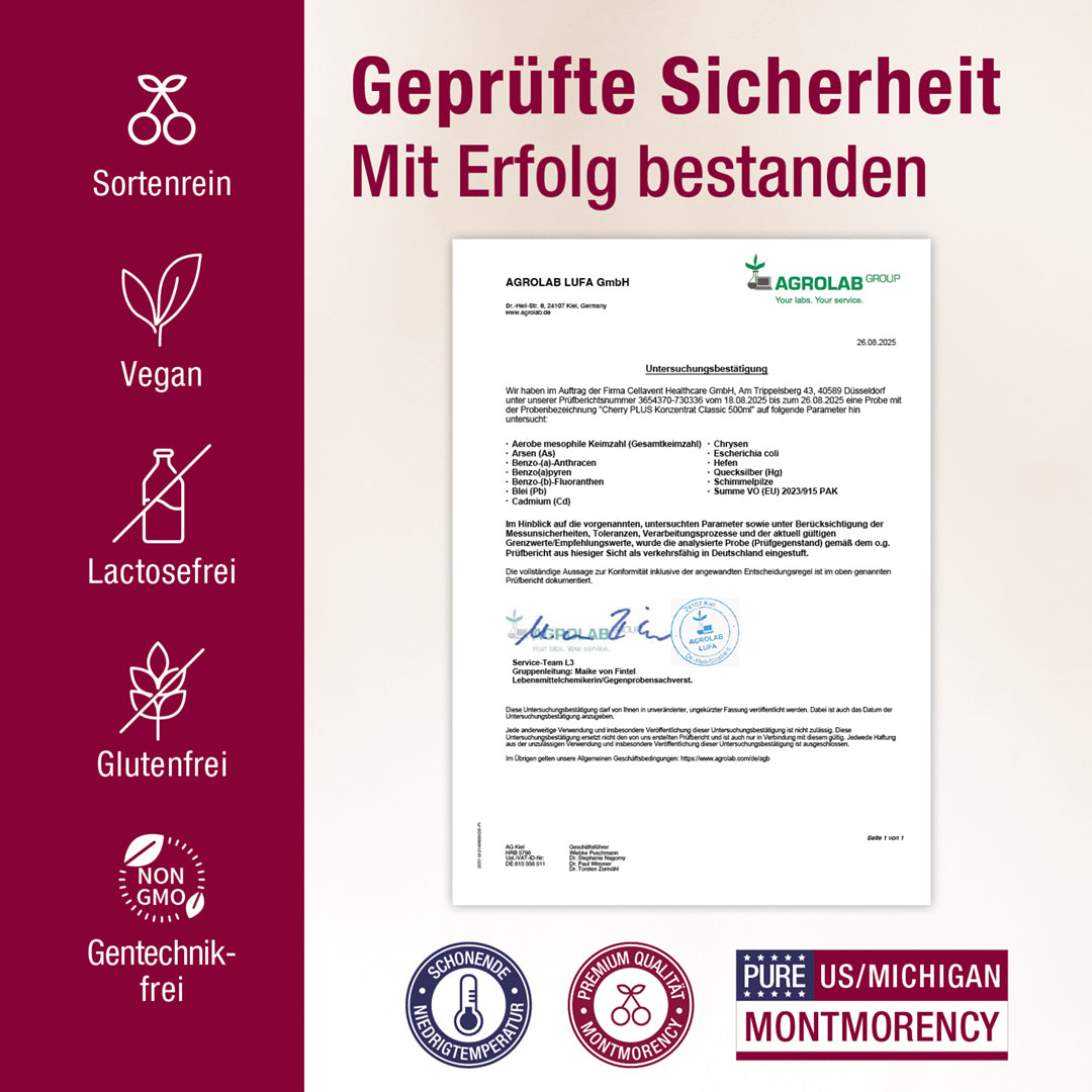Laborzertifikat und Gütesiegel von Cherry PLUS: vegan, glutenfrei, laktosefrei, gentechnikfrei