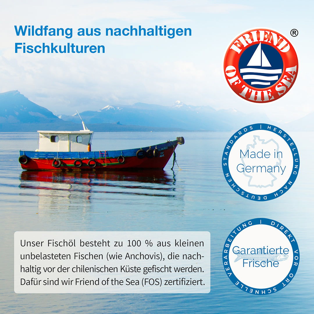 Auf dem Bild ist ein kleines Kutterboot am Meer, während rechts die Siegel, Friend of the Sea, Made in Germany und garantierte Fische abgebildet werden.