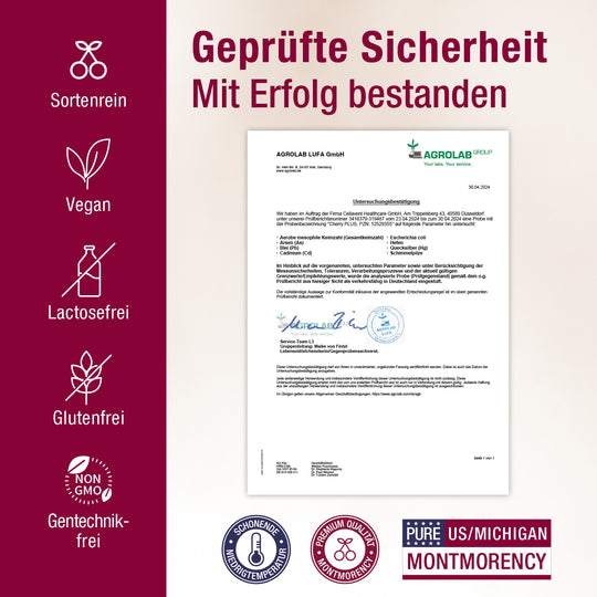 Geprüfte Sicherheit - Zertifikat für Cherry PLUS Konzentrat, darunter und links daneben Siegel, die die Qualität bestätigen. 