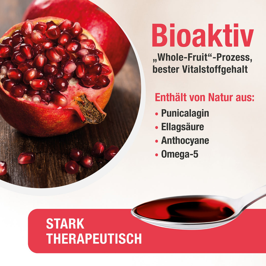 Bioaktiv mit einer halben Granatapfel im Hintergrund und einem Löffel Granavie PLUS im Vordergrund 