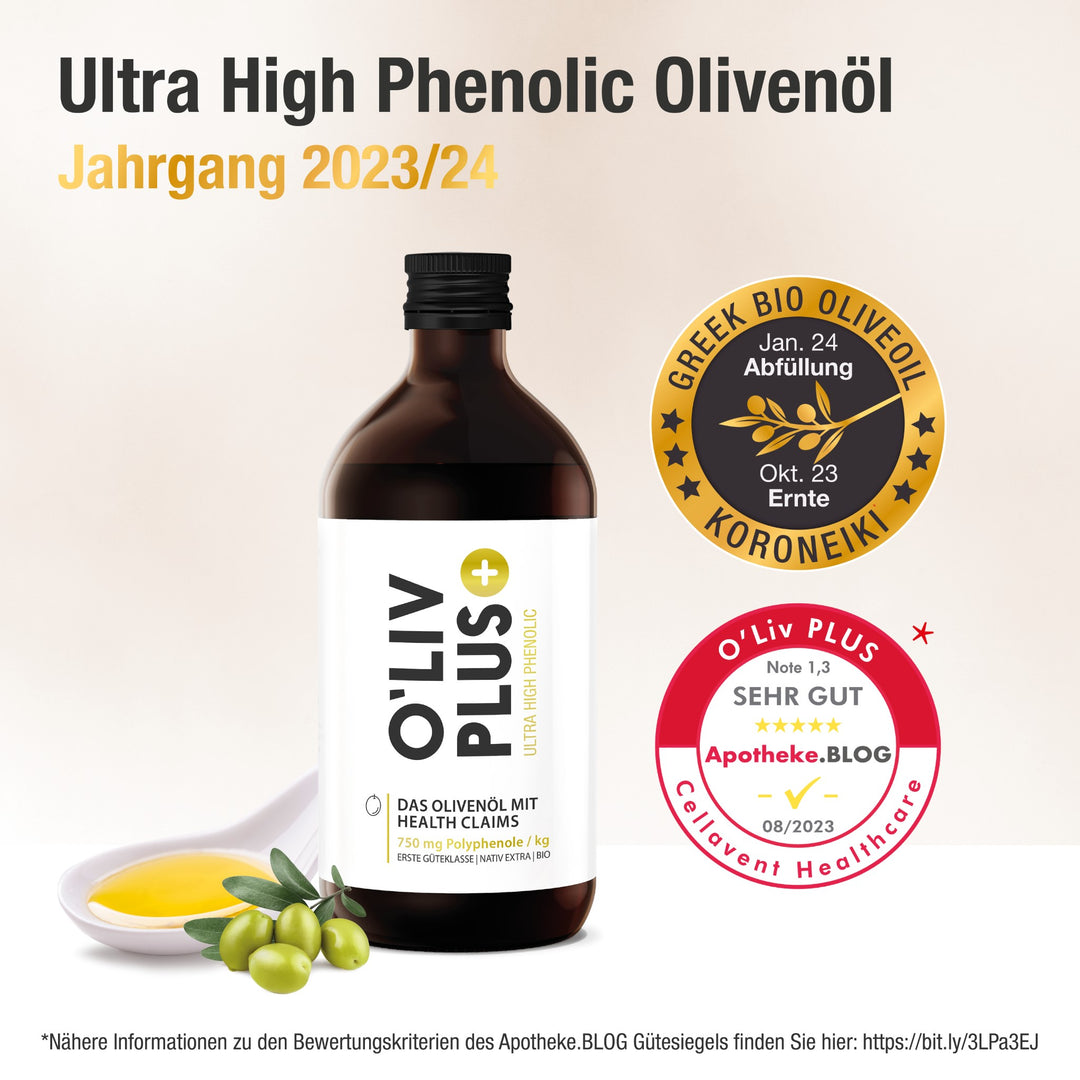 Polyphenolreiches Olivenöl O'Liv PLUS im Braunglas. Darüber steht die Überschrift und oben rechts steht das Apotheken-Blog Siegel und Abfüllsiegel.