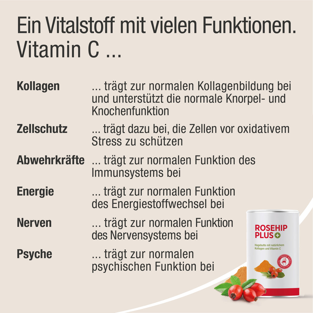 Vitamin C Eigenschaften und die Rosehip Verpackung, Pulver und Hagebutte daneben