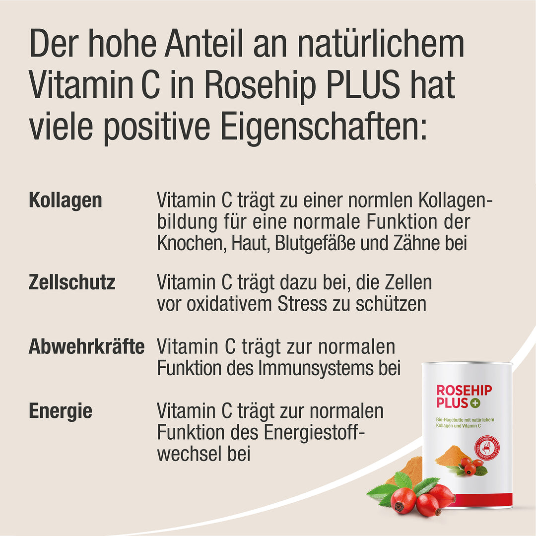 Vitamin C Eigenschaften und die Rosehip Verpackung, Pulver und Hagebutte daneben