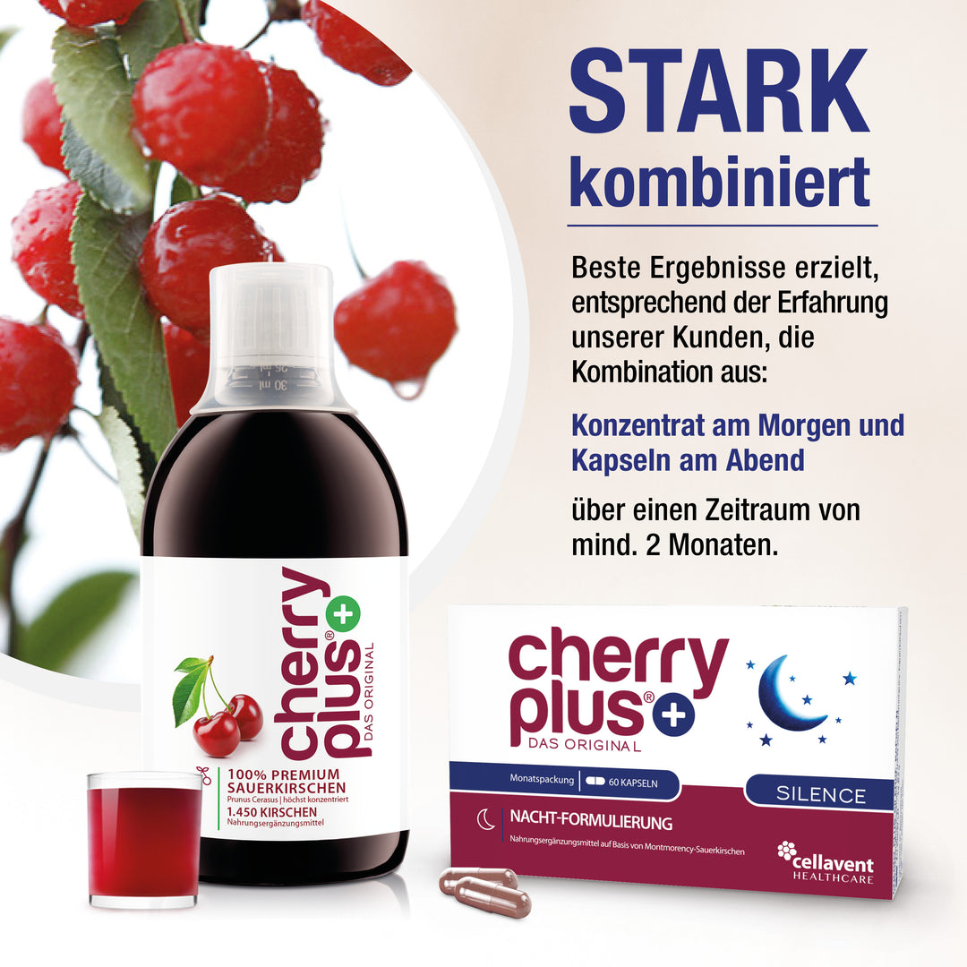 Stark kombiniert - Abbildung Cherry PLUS Silence Kapseln und Konzentrat als Kombination.