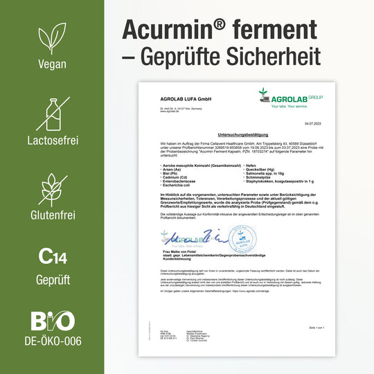 Acurmin ferment Zertifikat mit Icons wie Vegan, Laktosefrei, Glutenfrei, C-14-Geprüft und Bio