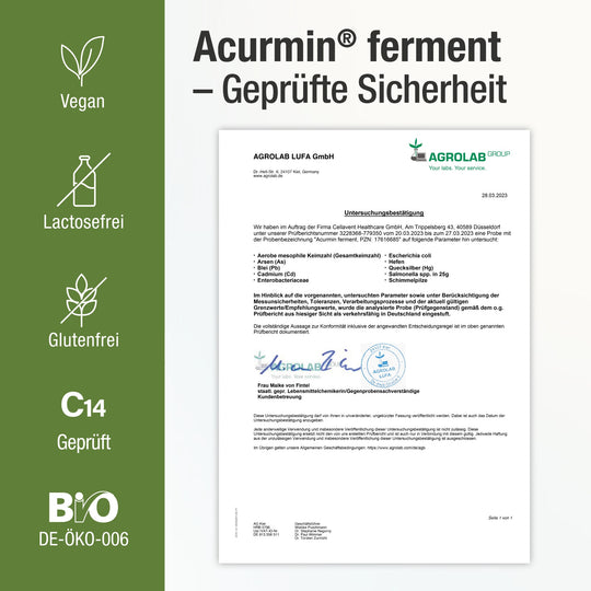 Acurmin ferment Zertifikat mit Icons wie Vegan, Laktosefrei, Glutenfrei, C-14-Geprüft und Bio