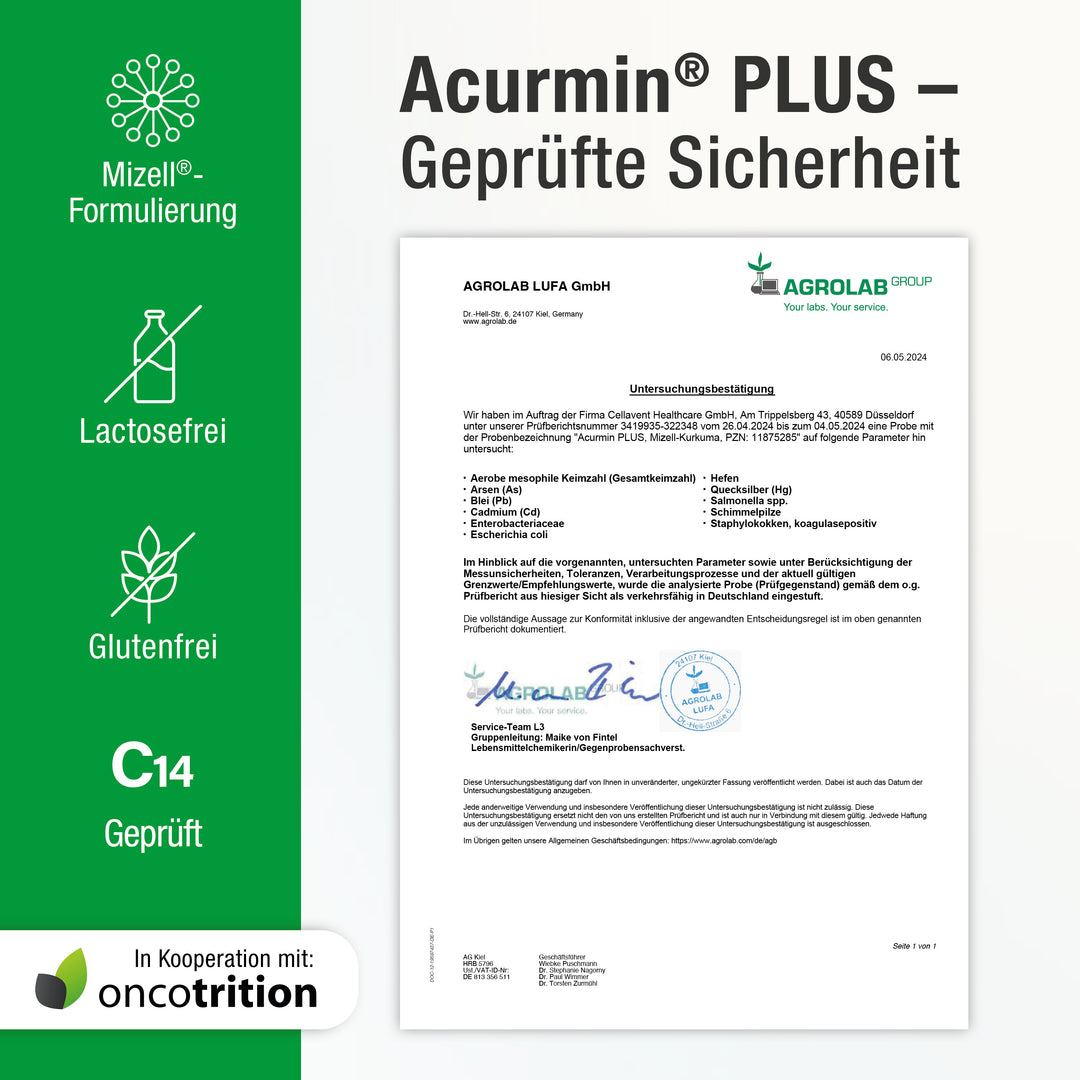 Untersuchungsbestätigung zu Acurmin PLUS mit Icons wie Mizell-Formulierung, Laktosefrei, Glutenfrei und C14-Geprüft