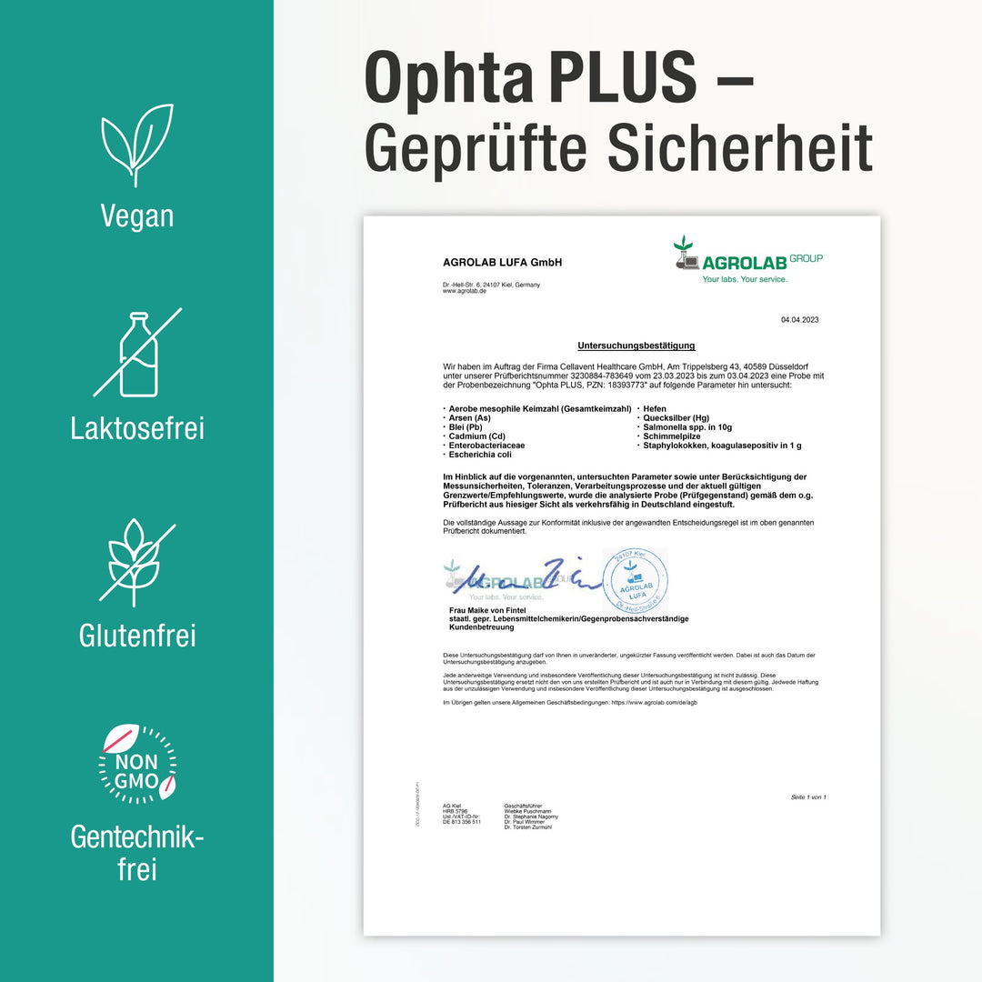 Geprüfte Sicherheit - Zertifikat für Ophta PLUS, links daneben Siegel, die die Qualität bestätigen.