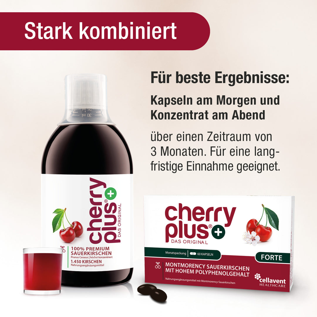 Stark kombiniert - Für beste Ergebnisse können Cherry PLUS Forte und Cherry PLUS Konzentrat auch kombiniert werden. Kapseln am Morgen, Konzentrat am Abend. 