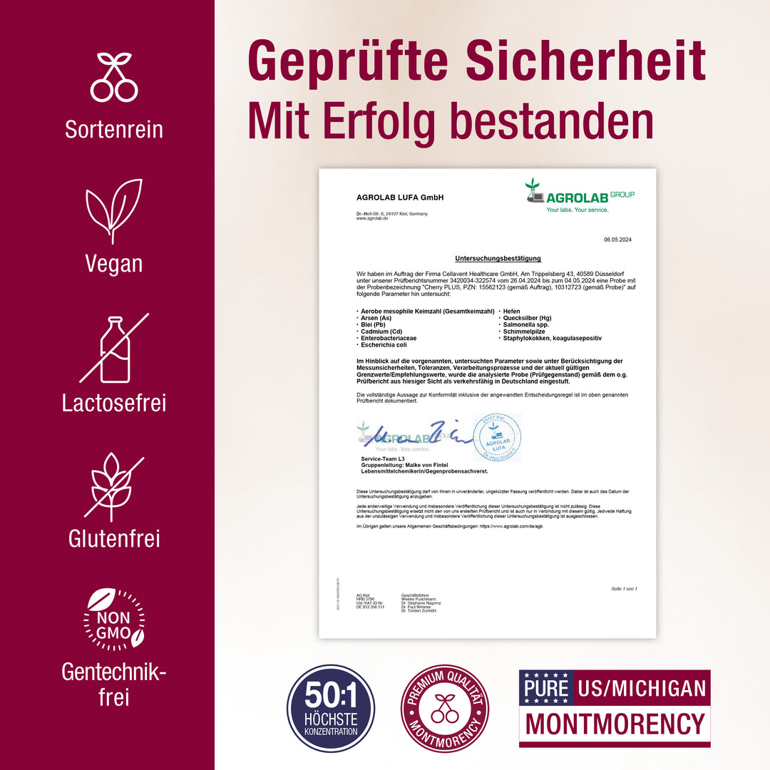 Geprüfte Sicherheit - Zertifikat für Cherry PLUS, darunter und links daneben Siegel, die die Qualität bestätigen.