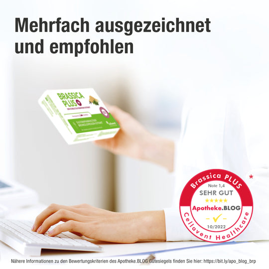 Mehrfach ausgezeichnet und empfohlen - Hand, die Brassica PLUS hält und Qualitätssiegel von Apotheke.BLOG.