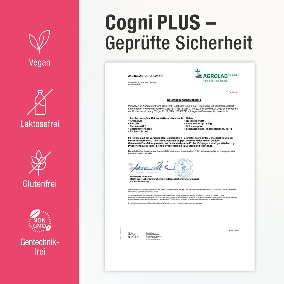 Cogni PLUS Zertifikat mit Icons wie Vegan, Laktosefrei, Glutenfrei und Gentechnikfrei