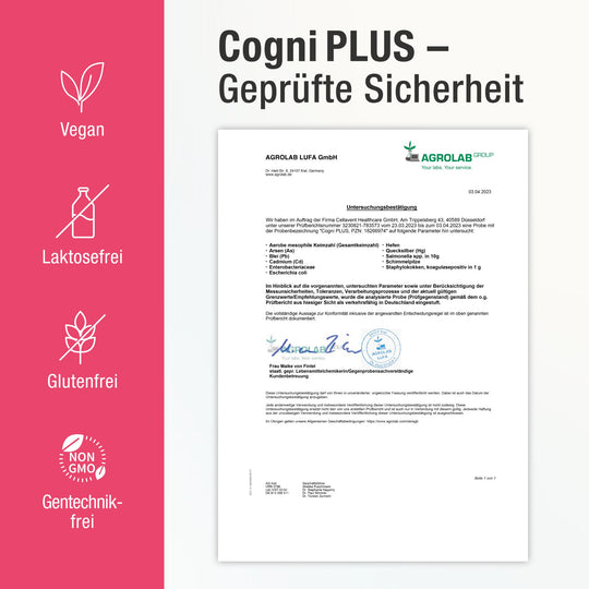 Cogni PLUS Zertifikat mit Icons wie Vegan, Laktosefrei, Glutenfrei und Gentechnikfrei