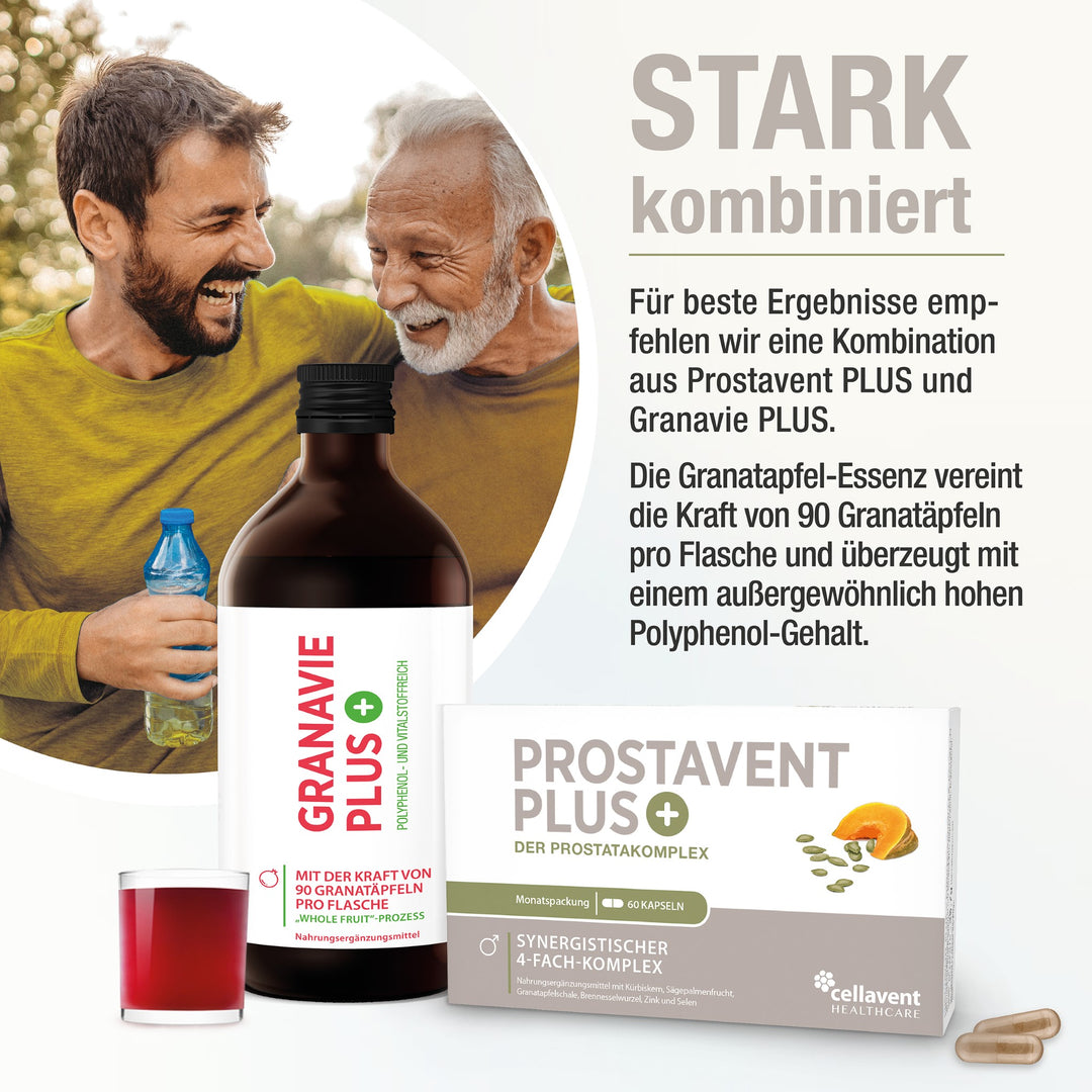 Stark kombiniert - Abbildung von Prostavent PLUS Prostata-Komplex und Granavie PLUS Granatapfel-Essenz als Kombination.