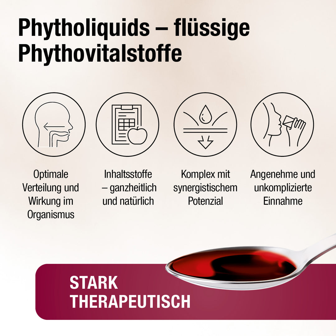 Phytoliquids - Flüssige Vitalstoffe. Bild zeigt 4 Vorteile flüssiger Produkte. Unten ein Löffel mit rotem Konzentrat - stark therapeutisch.